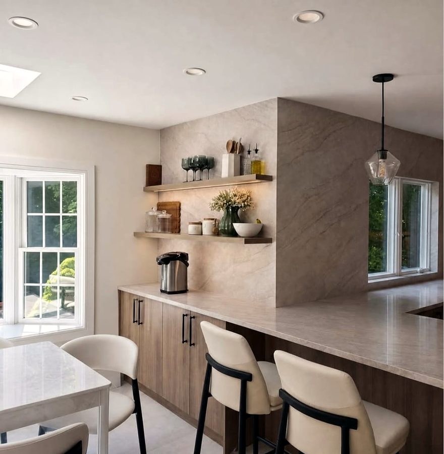 Walnut-tone base cabinets, a quartzite waterfall wall with lit floating shelves, and cream bar stools